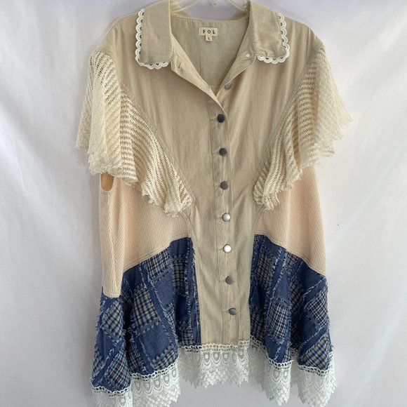 POL Bohemian Lacy White Blue Patchwork Dress Tunic Top NWOT Women's Size Large - Picture 10 of 15
